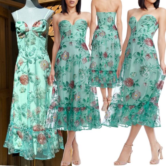 🆕 DRESS THE POPULATION 🧿 NWOT Lauren Floral Sequin Midi Dress, Sage - Sz S